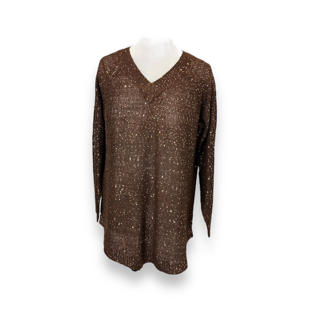 Soft Surroundings Women’s V-Neck Sweater Sequins Boho Chic Holiday Party Brown L
